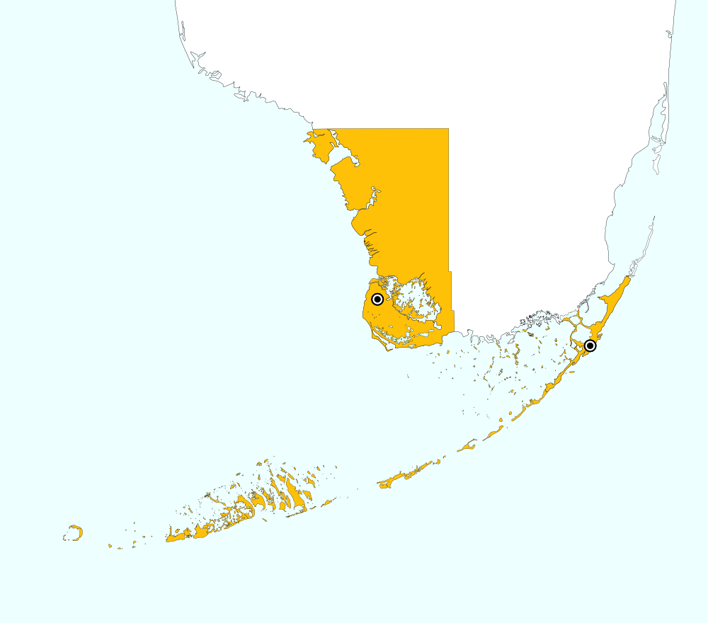 distribution map for Monroe County, Florida, showing 3 records for Gryllodes sigillatus