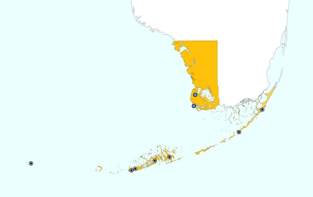 distribution map for Monroe County, Florida, showing 3 records for Gryllodes sigillatus