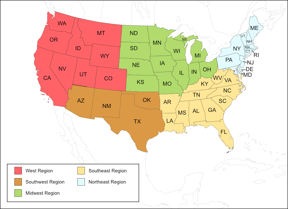 map of USA regions